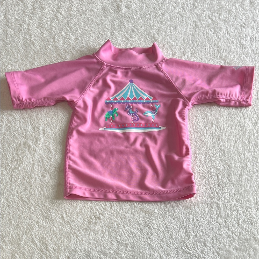 Kids Swim Shirt UV Skins Pink Carousel Sun Protection Beach Vacation 12-18 month